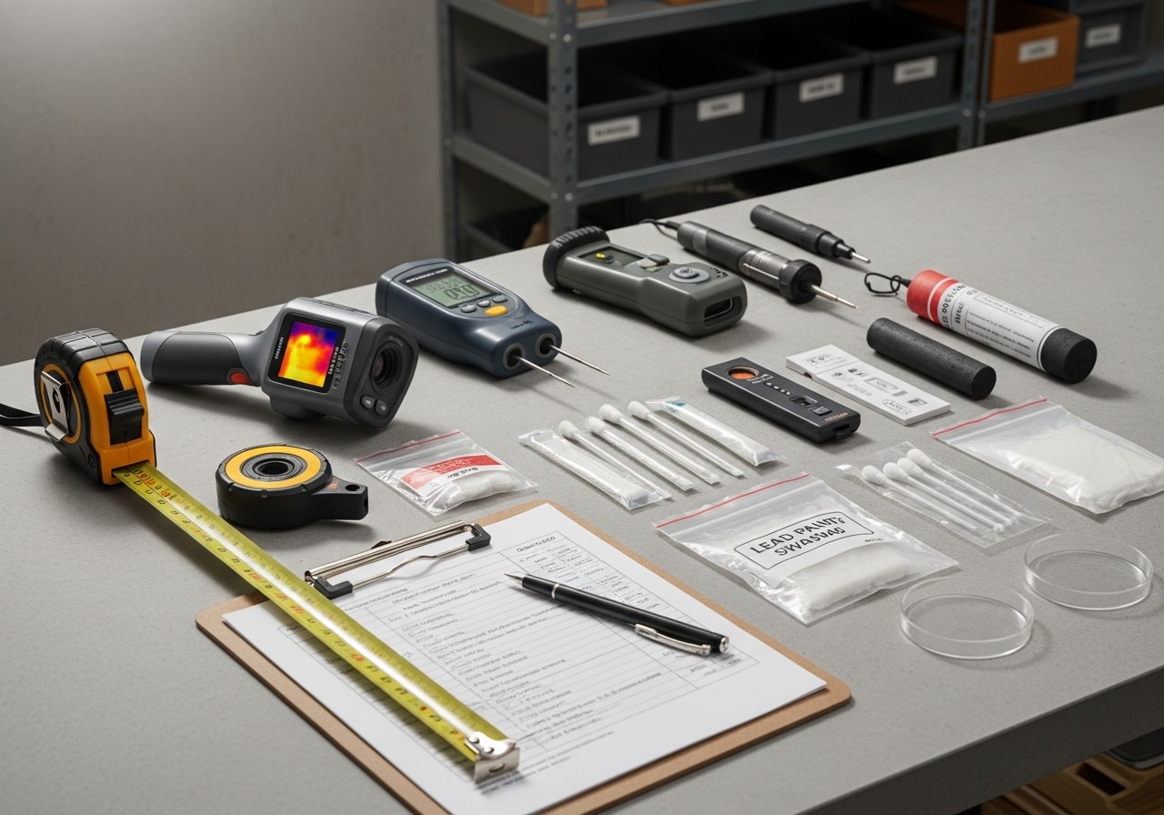Professional inspection equipment and tools arranged on a work surface, representing the diagnostic services offered for home and environmental assessments.