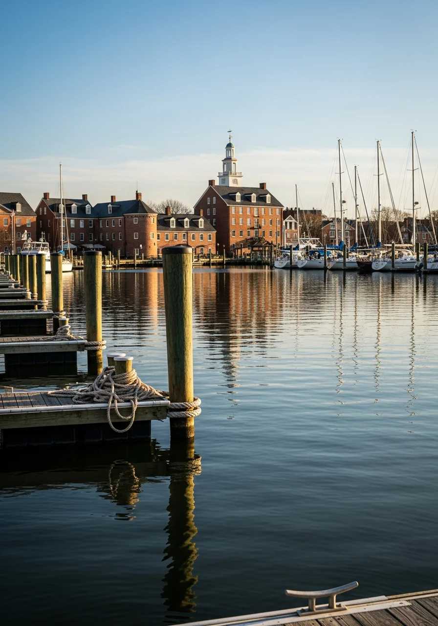 Annapolis harbor with sailboats and historic buildings reflecting in calm water