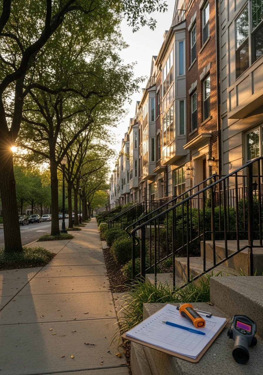 Modern Arlington County townhomes and residential buildings with tree-lined streets