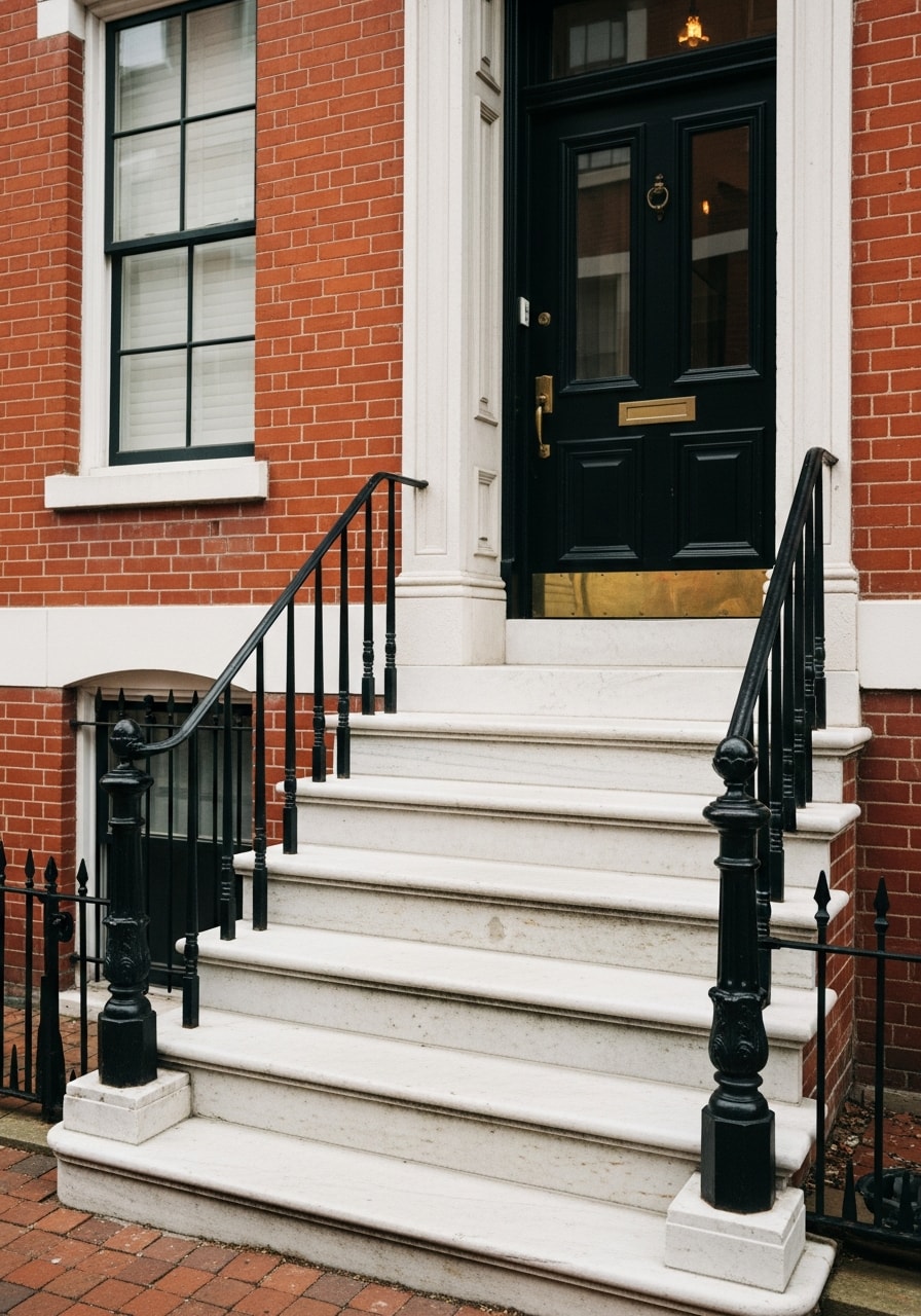 Close-up of a Baltimore rowhouse entrance showing characteristic architecture and street-level urban context.