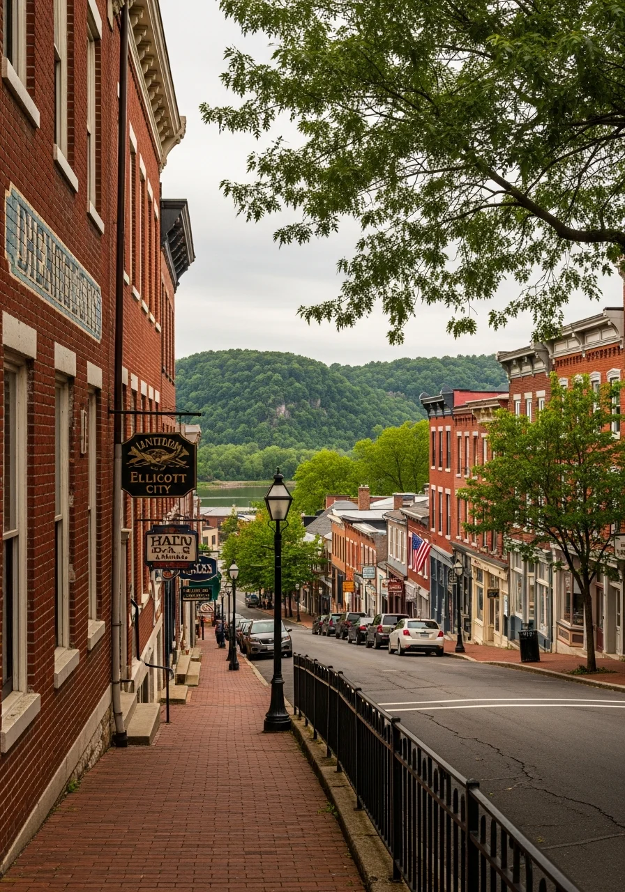 Historic Ellicott City Main Street with brick buildings and shops along the Patapsco River