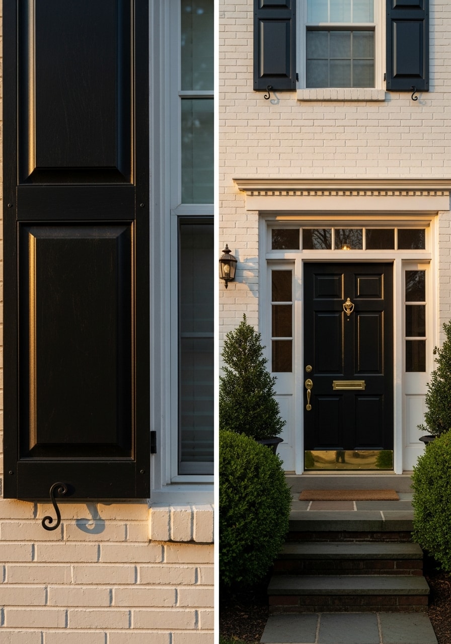 Close-up of a Northern Virginia colonial home's front entrance with traditional shutters and landscaping.