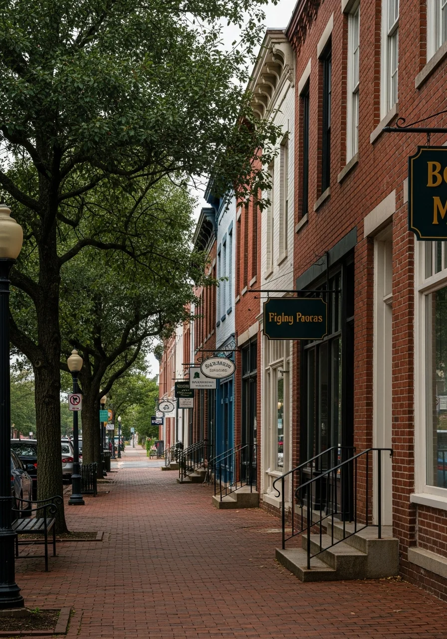 Historic downtown Manassas with brick buildings and tree-lined streets in Prince William County