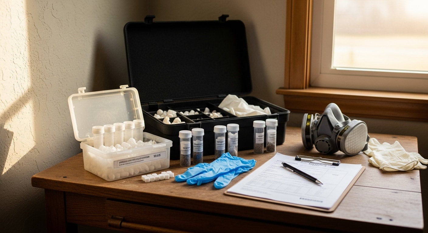 A certified environmental inspector in protective gloves collecting a material sample from vinyl floor tiles inside an older Northern Virginia home during a professional asbestos testing inspection. A labeled sample container and inspection clipboard are visible on the floor nearby.