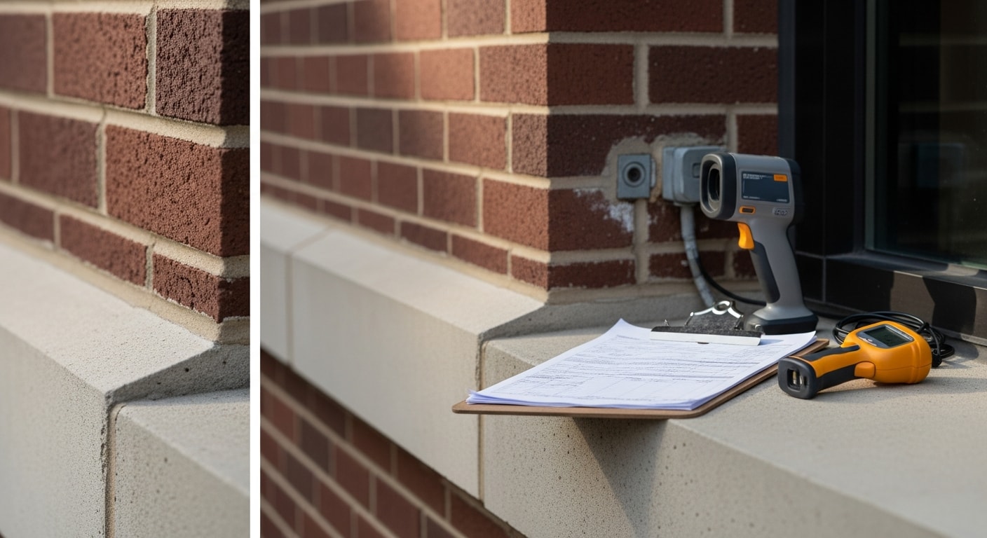 A commercial inspector examining the rooftop HVAC units and mechanical systems of a multi-tenant office building in Northern Virginia. The inspector documents findings on a tablet during an exterior walkthrough of the property.