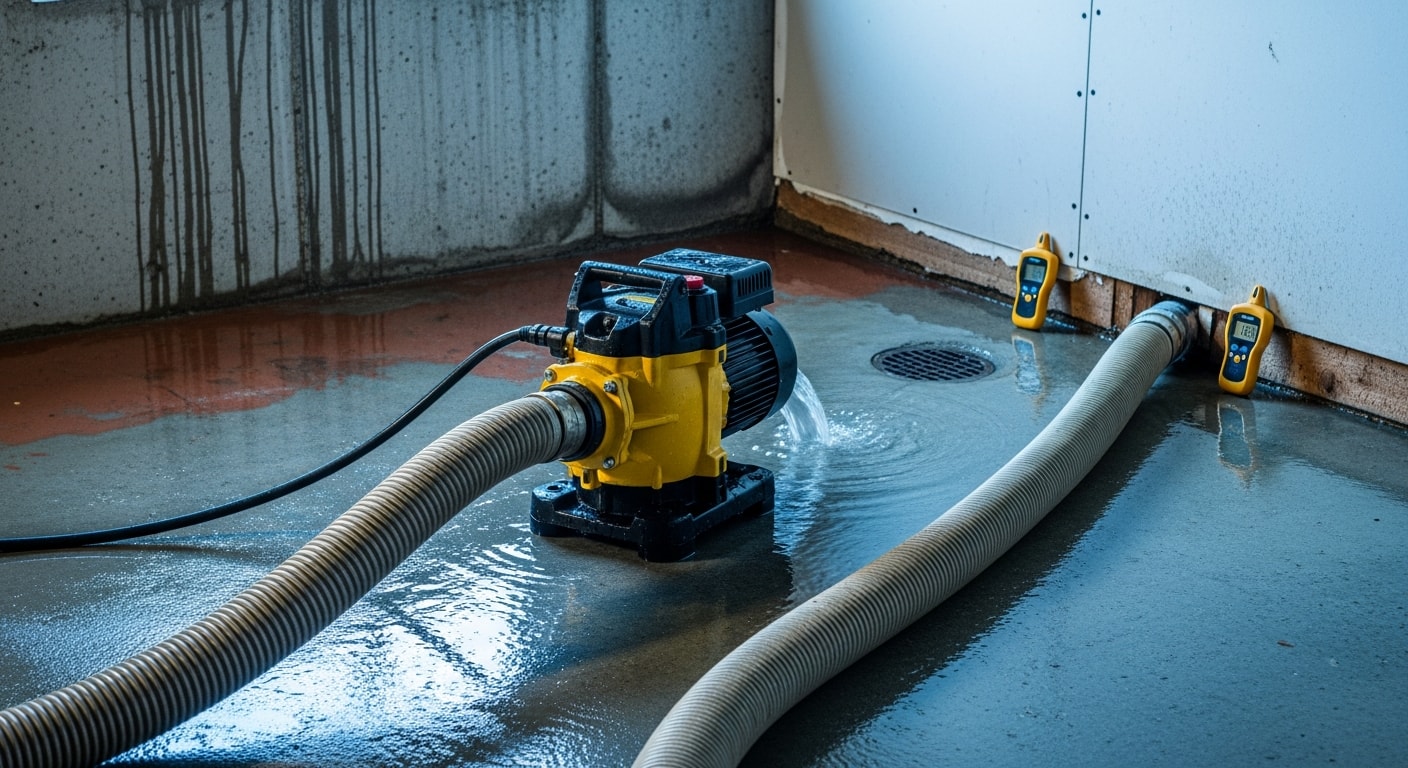 A water extraction technician using a high-capacity pump to remove standing water from a flooded basement in a Northern Virginia home. Wet drywall and saturated flooring are visible along the perimeter walls.