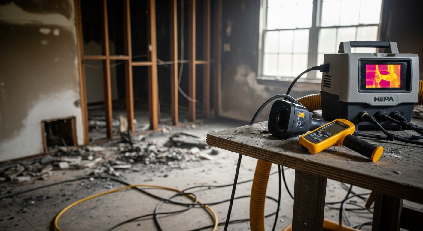 Interior of a Northern Virginia home showing fire-damaged walls and ceiling after professional soot removal and structural assessment. Restoration work in progress with cleaned surfaces and exposed framing visible.