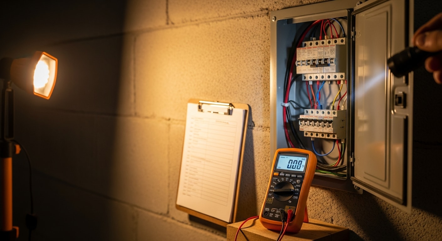 A home inspector examining the electrical panel inside a Northern Virginia single-family home, with a clipboard and flashlight in hand. The surrounding area shows a typical mid-century residential interior consistent with older Fairfax County housing stock.
