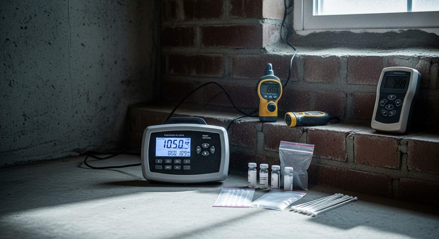 An environmental testing technician collecting an air sample inside a Northern Virginia home with visible ductwork and crawl space access in the background. The technician holds professional sampling equipment while documenting findings on a clipboard.
