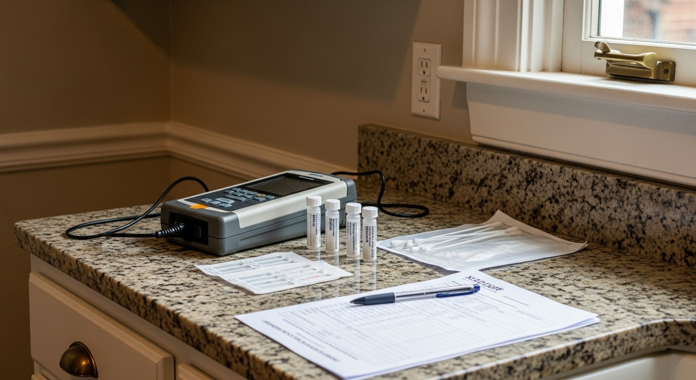 A certified environmental testing professional collecting a paint chip sample from a window frame inside an older Northern Virginia home. A labeled sample collection kit and written inspection form are visible on the work surface nearby.
