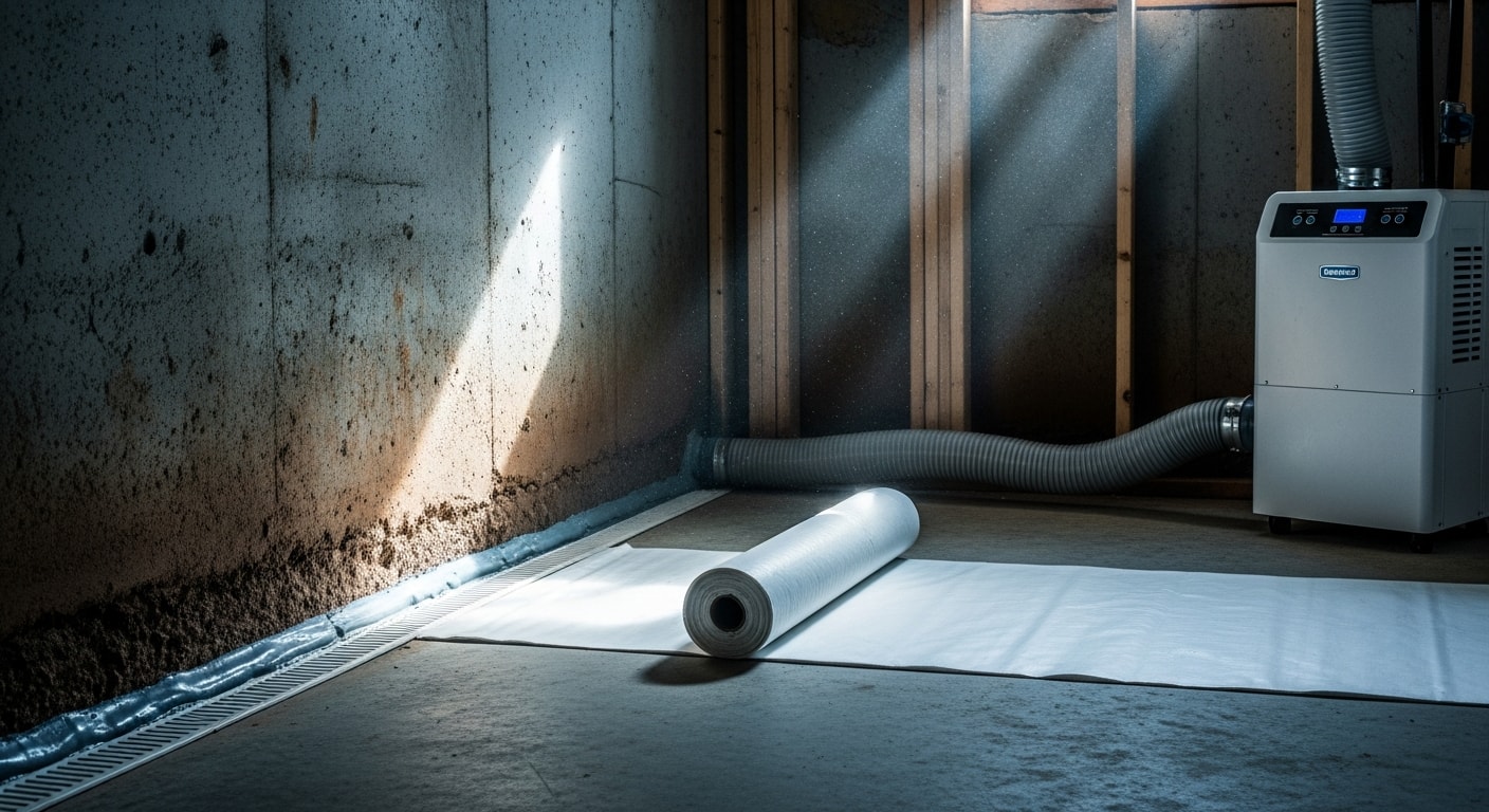 A sealed and dry crawl space beneath a Northern Virginia home, showing a clean vapor barrier installed across the floor and along the perimeter walls. A dehumidifier unit sits in the background, with no visible condensation or mold on the floor joists above.