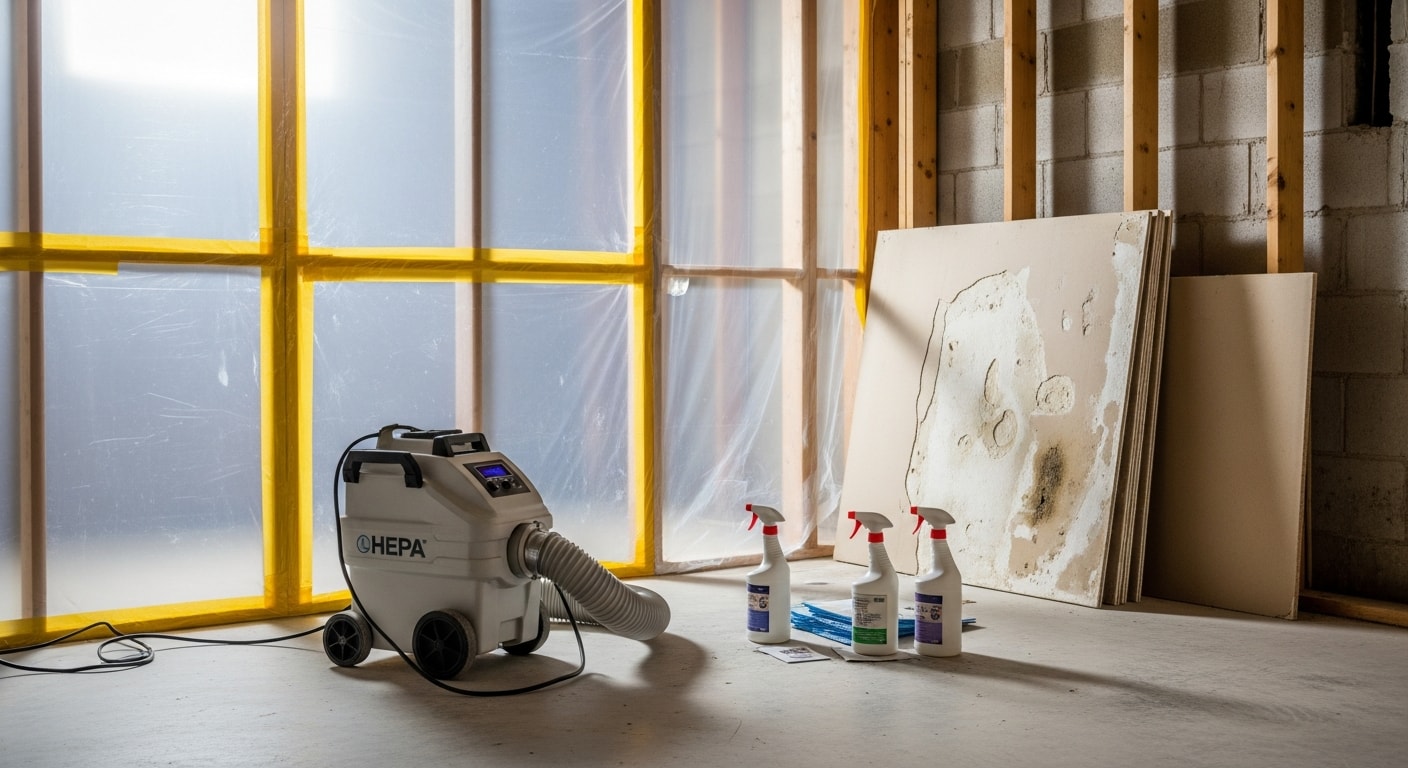 A Northern Virginia basement showing mold damage restoration in progress, with containment barriers in place and a technician removing mold-affected drywall near the foundation wall. The work area is sealed off from the rest of the home during active remediation.