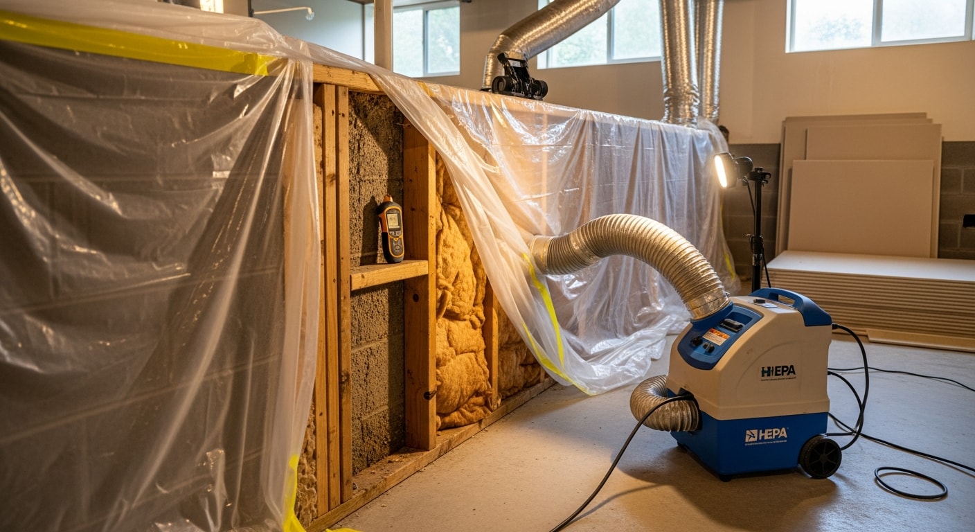 A Northern Virginia home crawl space after professional mold remediation, showing clean joists and encapsulated walls with no visible mold growth. A technician in protective gear inspects the treated surface during a post-remediation walkthrough.