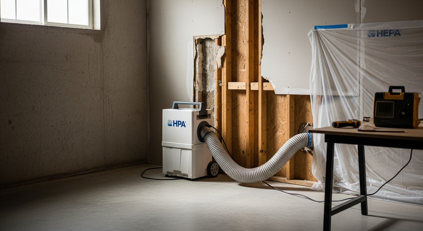 A Northern Virginia crawl space showing mold growth on wood floor joists before professional remediation. A technician in protective gear inspects the affected area as part of a mold removal assessment.