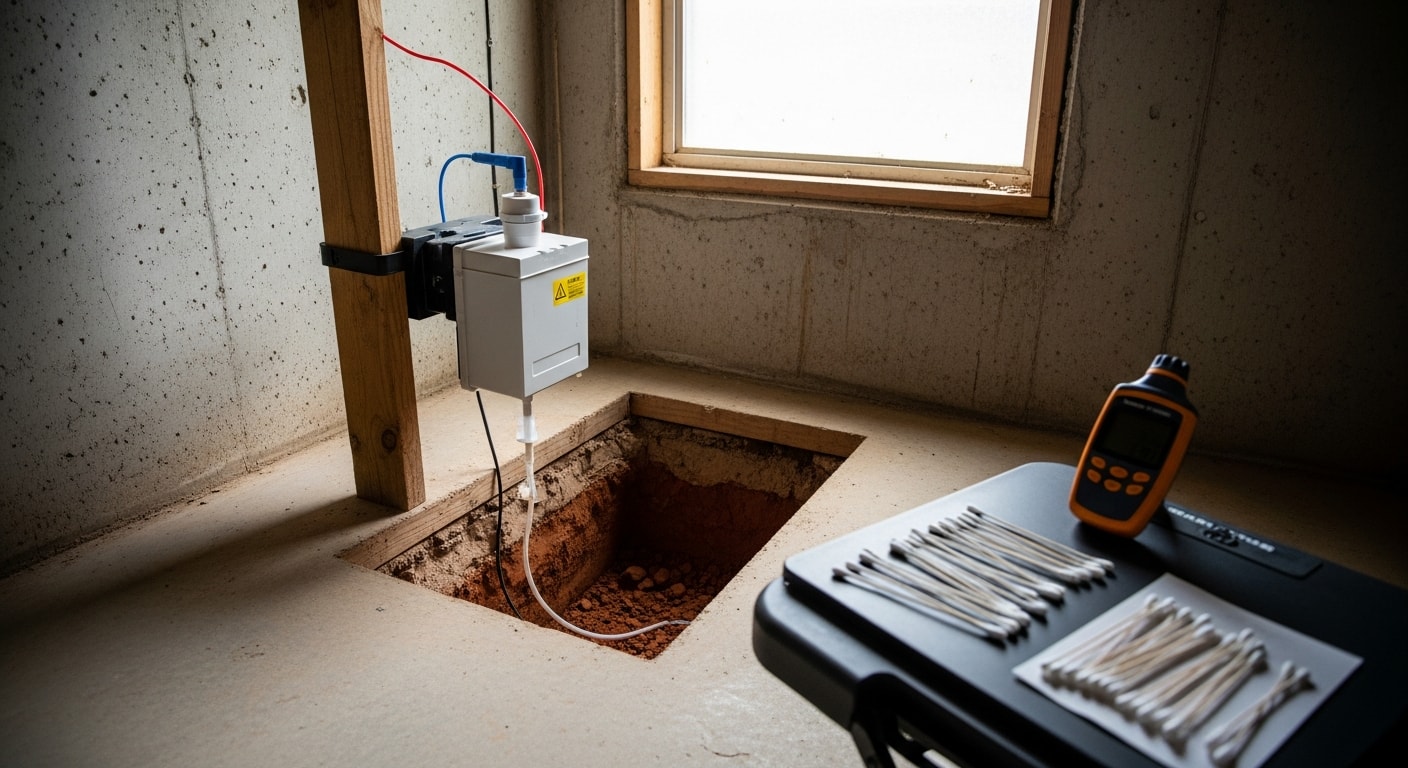 A certified environmental testing technician collecting an air sample inside a Northern Virginia home with visible crawl space access in the background. The technician holds a calibrated air pump device near floor level in a basement area showing signs of prior moisture.