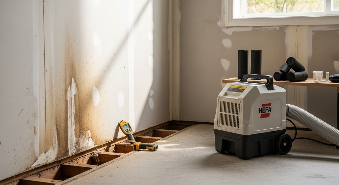 A water-damaged basement in a Northern Virginia home after professional odor removal service, showing clean and dry concrete walls and floor with no visible moisture staining. A restoration technician inspects the treated area with moisture detection equipment.