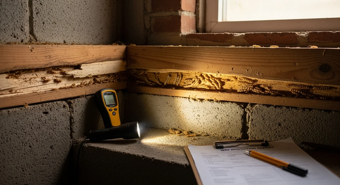 A home inspector examining the crawl space foundation of a Northern Virginia home for mud tubes and wood-destroying insect activity. The inspector uses a flashlight and probe to check exposed wood framing during a WDI pest inspection.