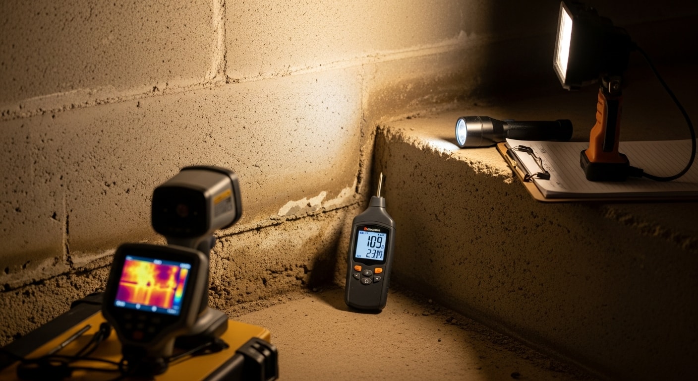 A licensed home inspector examining the electrical panel inside an older Northern Virginia home during a pre-purchase inspection. The inspector holds a flashlight and takes notes on a tablet while reviewing the breaker box.