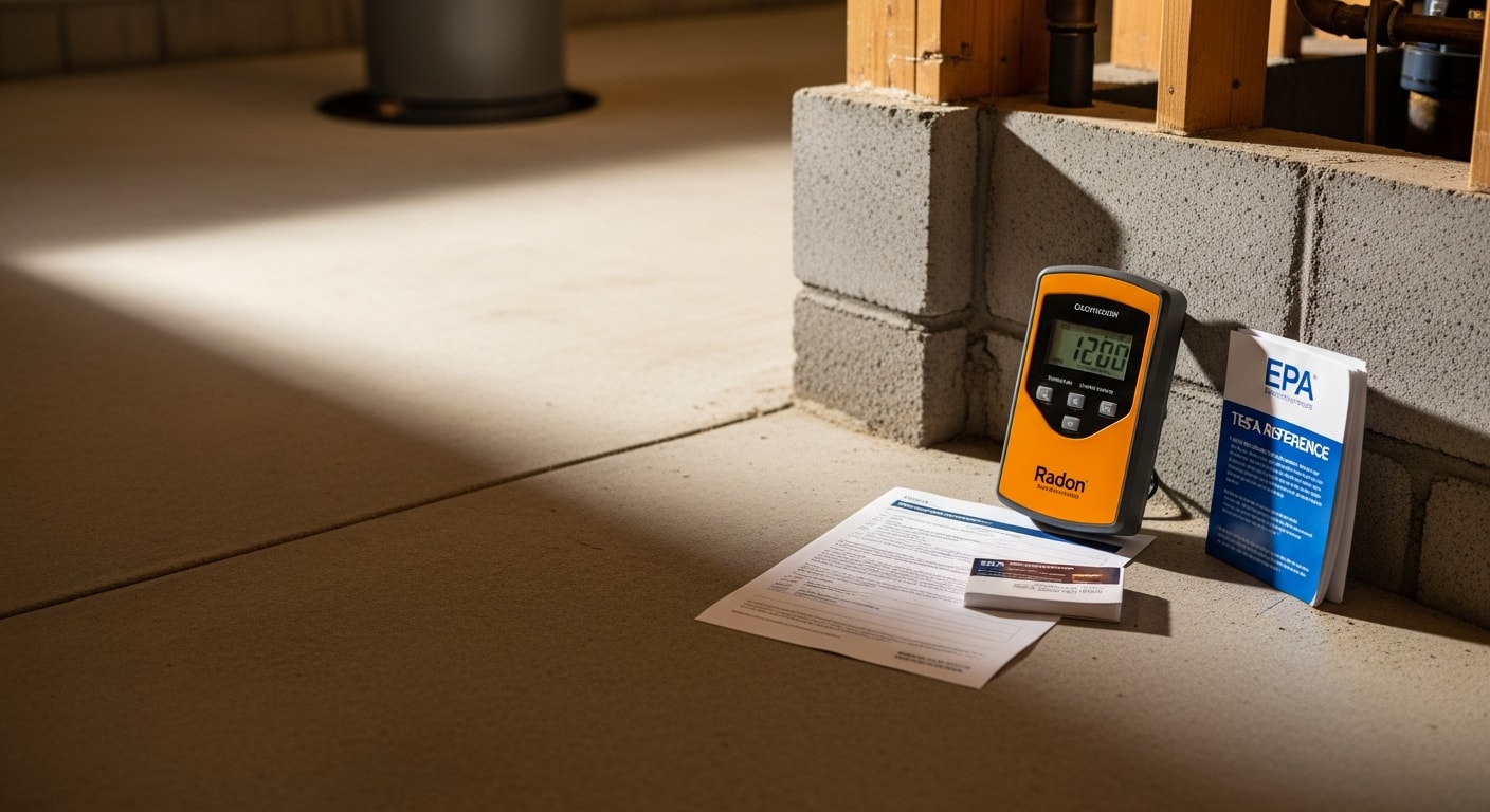 A certified radon testing device placed on the floor of a finished basement in a Northern Virginia home, with concrete foundation walls visible in the background. The device is positioned away from windows and exterior walls as part of a professional environmental test.
