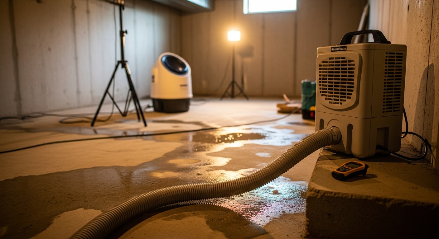 A water-damaged basement in a Northern Virginia home showing extracted standing water and commercial drying equipment placed along wet drywall and flooring. A technician from Protect The Investment, LLC uses a moisture meter to check wall saturation during the cleanup process.