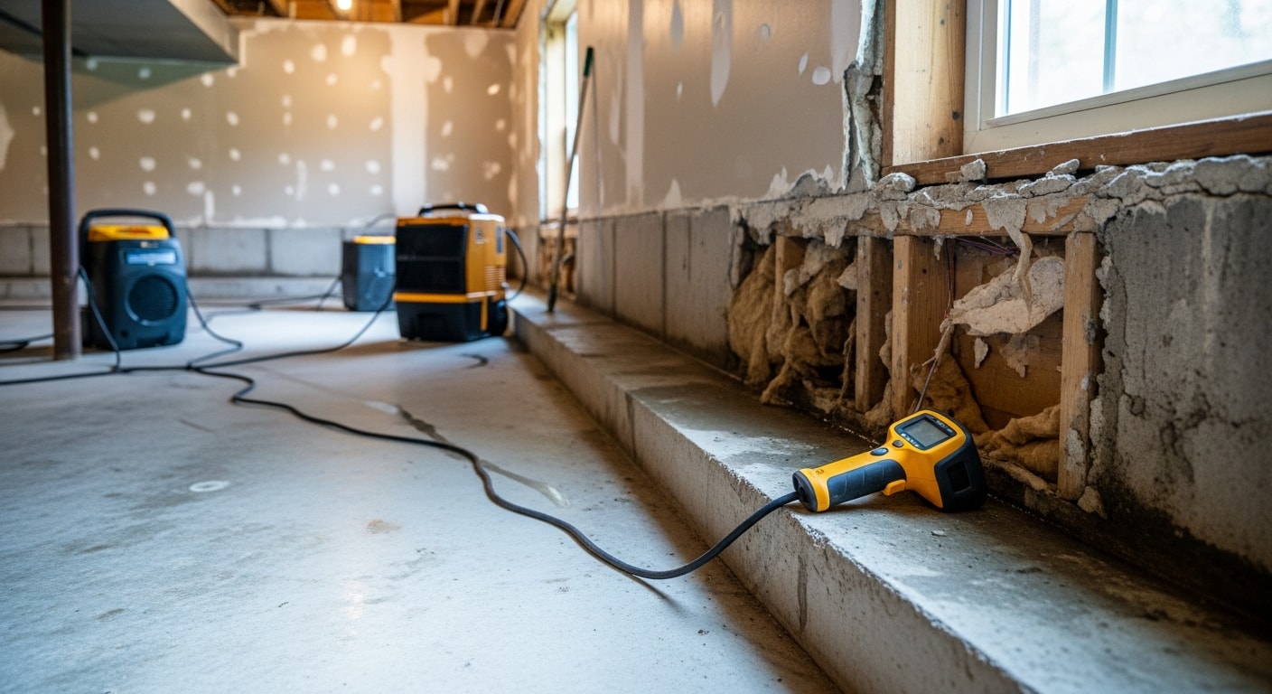 A water-damaged basement in a Northern Virginia home showing extracted standing water and industrial drying equipment placed along wet drywall and flooring. A technician from Protect The Investment, LLC uses a moisture meter to check wall cavities during the restoration process.